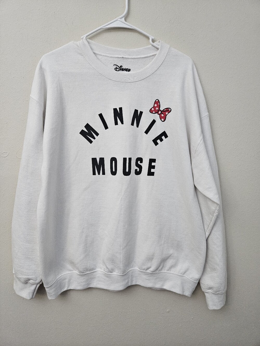 Disney White Minnie Mouse Crewneck Sweatshirt with Pink Bow Size L
